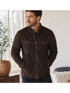 Moon Shine Spirit Brad Paisley Mens L Distressed Brown Leather Moto Biker Jacket